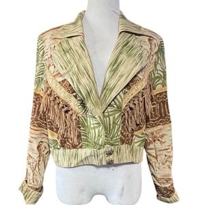 VTG Howard Wolf Jacket Womens 12 Safari Animal Print Fringe 90s USA Rayon